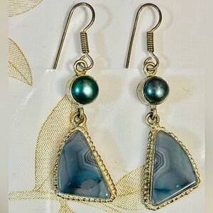 Silverplate Dangle Earrings Natural Blue Lace Agate Gemstone